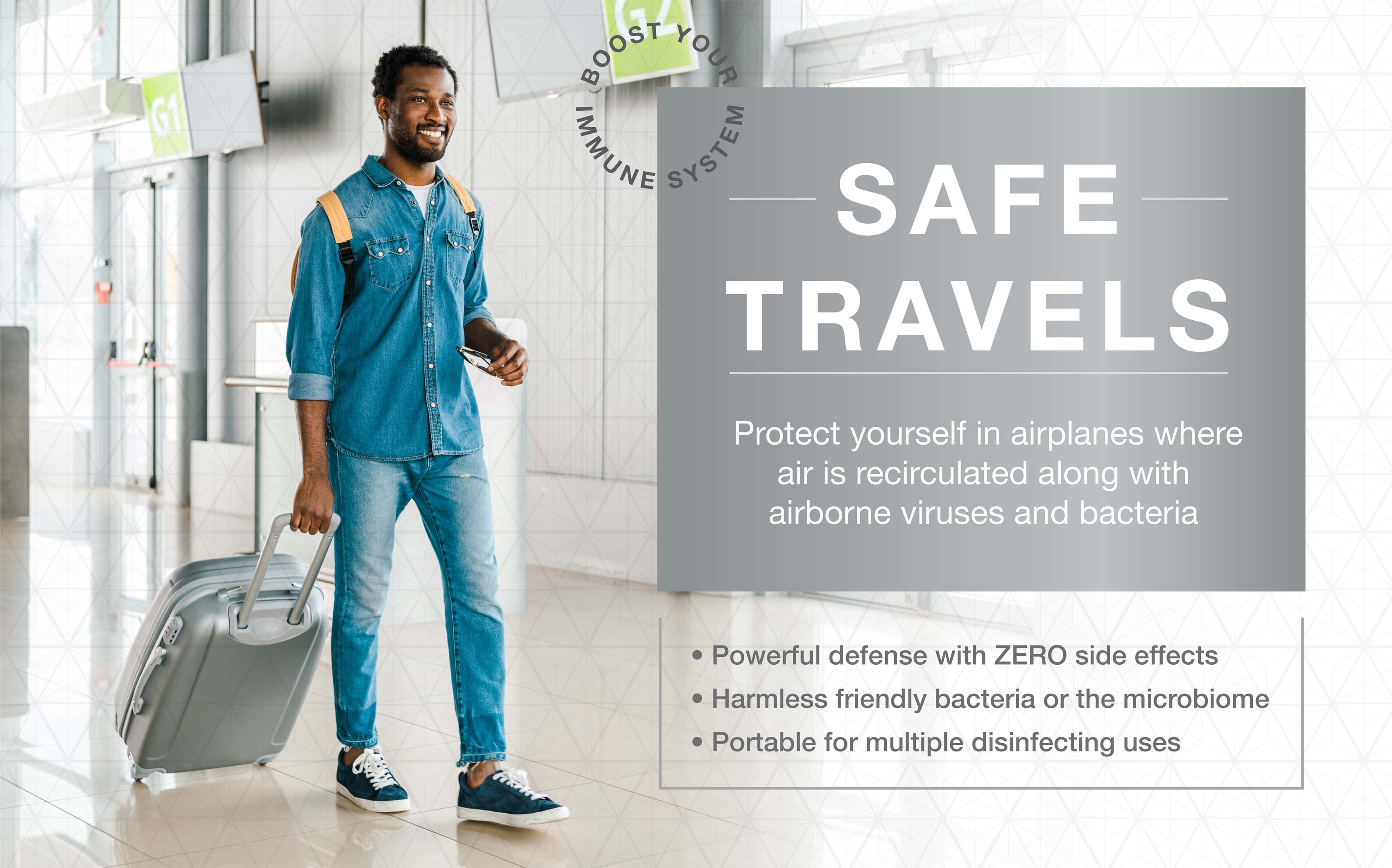 Protéjase en aviones donde el aire recircula junto con virus y bacterias transportados por el aire.