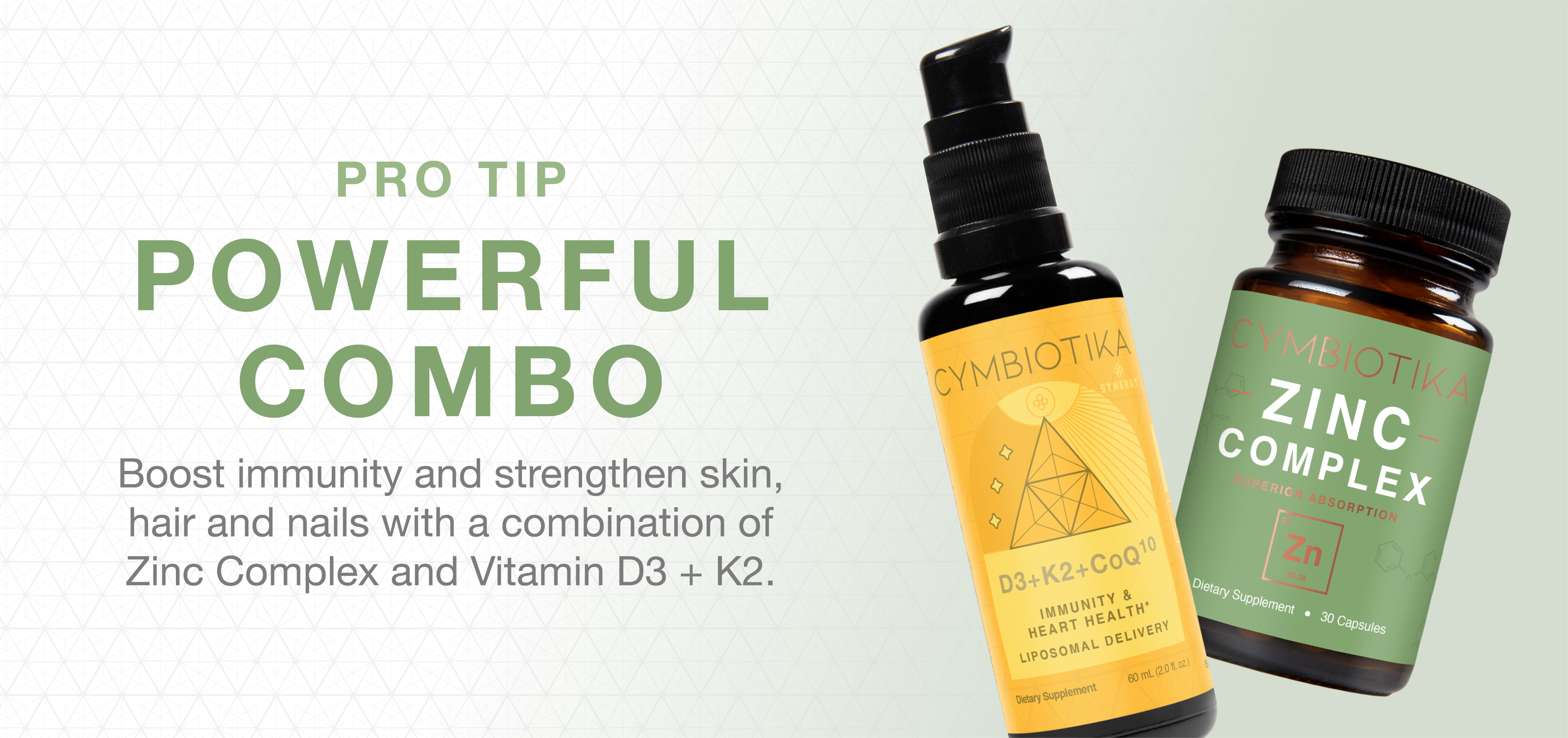 Potente combinación que activa la inmunidad y fortalece la piel, el cabello y las uñas con una combinación de complejo de zinc y vitamina D3 + K2.