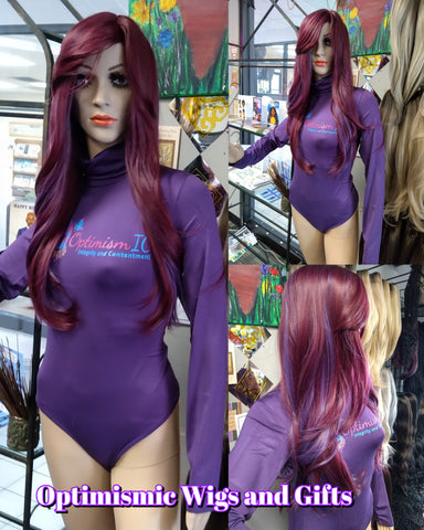 Celestial Wigs purple and burgundy wigs $69 Optimismic Wigs and Gifts Saint Paul Minnesota