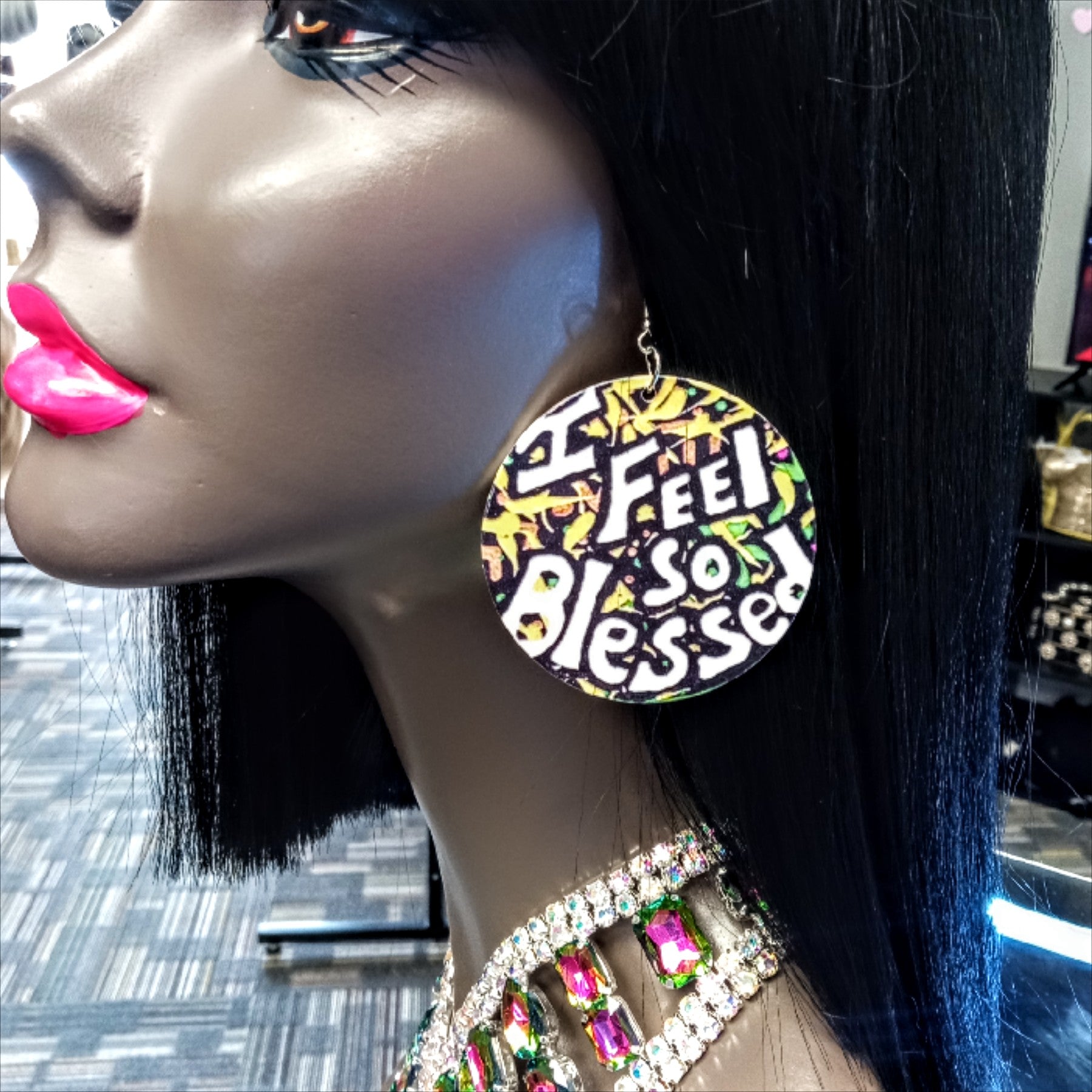 So blessed earrings at Optimismic Wigs and gifts