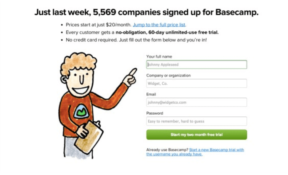 Shopify conversion rate optimization: Basecamp call to action case study