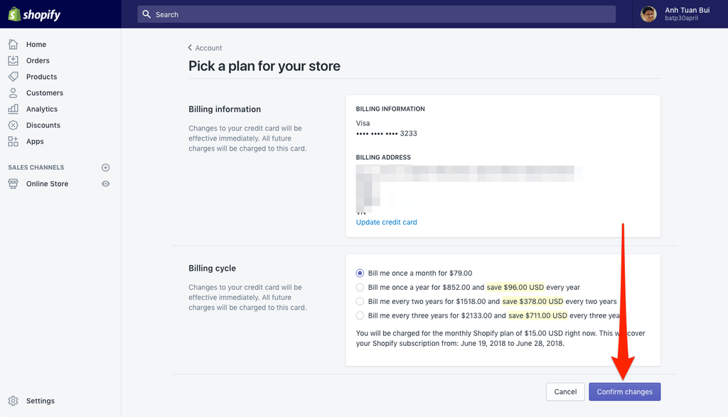 click confirm charges for new shopify plan