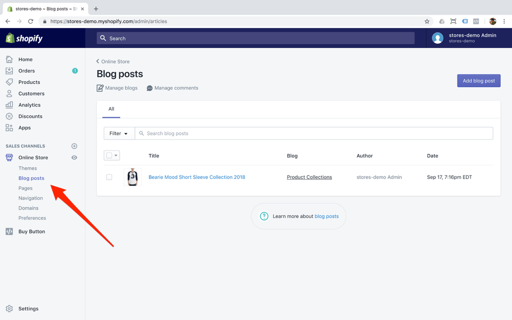 shopify blog posts admin