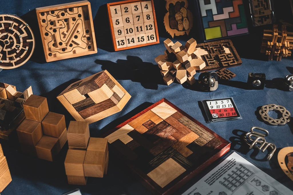 A selection of wooden puzzle games