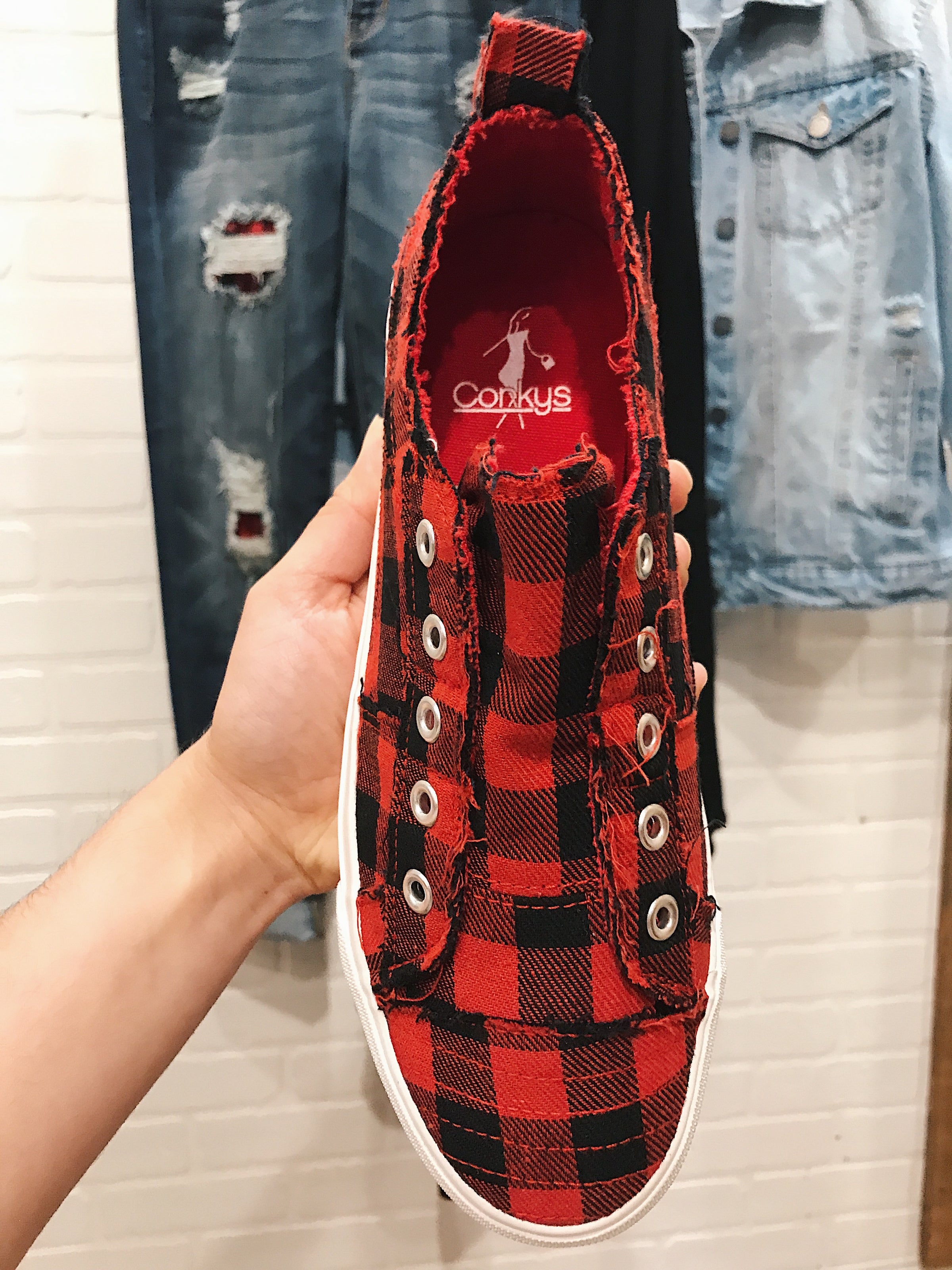 buffalo plaid slip on sneakers