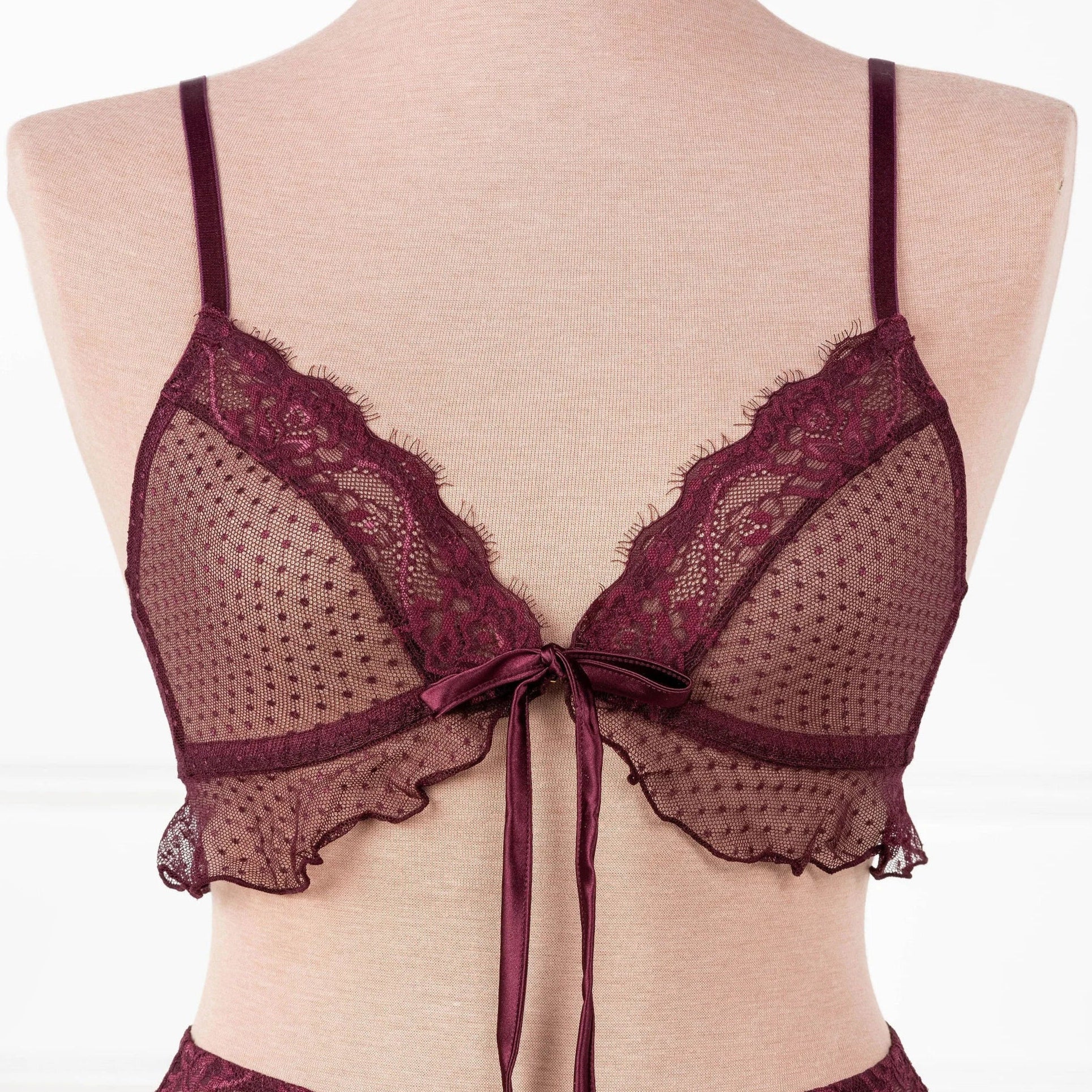 Lace & Mesh Ruffle Bralette - Cherry Lacquer by Mentionables