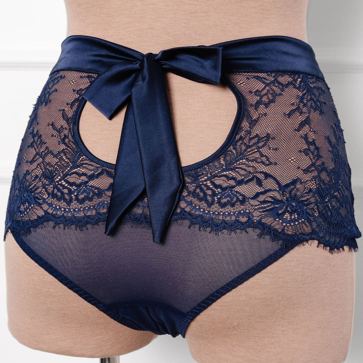 Eyelash Lace Bow High Waist Crotchless Panty - Navy by Mentionables