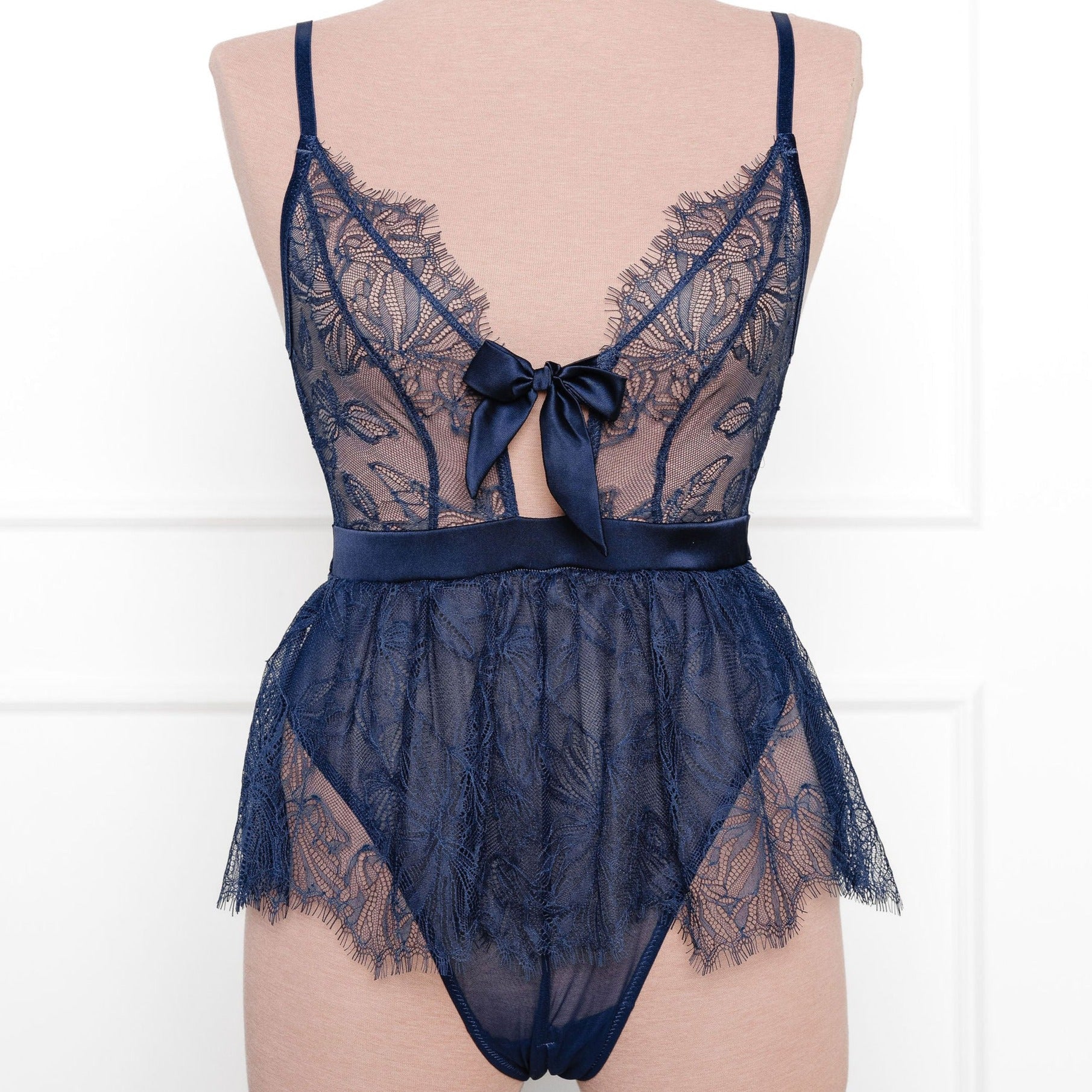 Eyelash Lace Crotchless Teddy - Navy by Mentionables