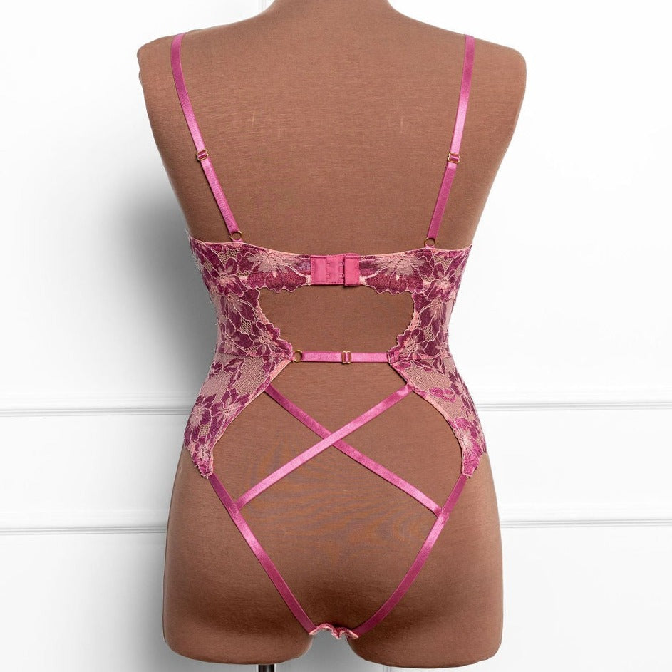 Lacy V-Plunge Teddy - Raspberry by Mentionables