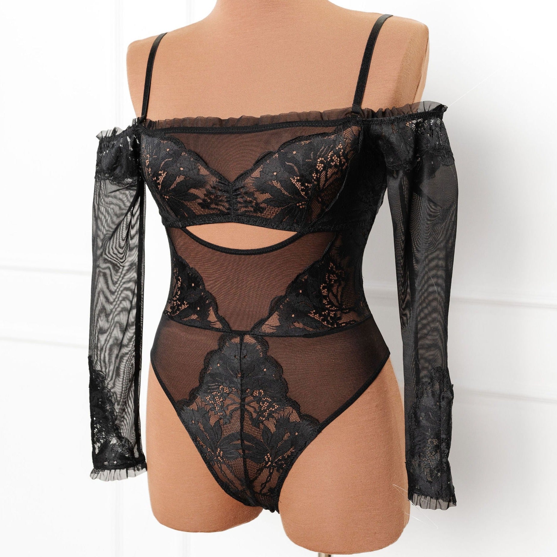 Lace & Mesh Off-The-Shoulder Crotchless Teddy - Black by Mentionables