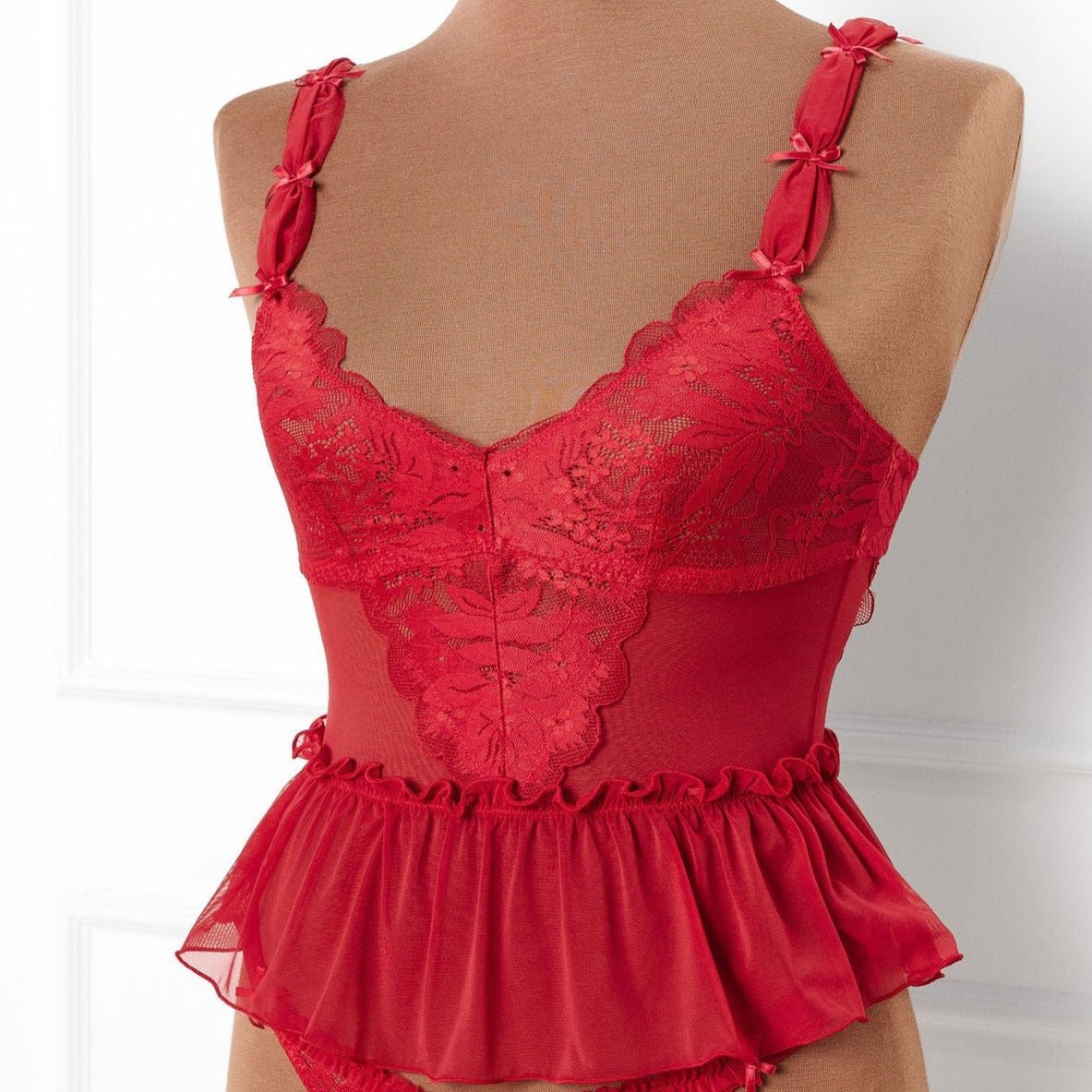 Lace & Mesh Peplum Corset - Scarlet Red by Mentionables