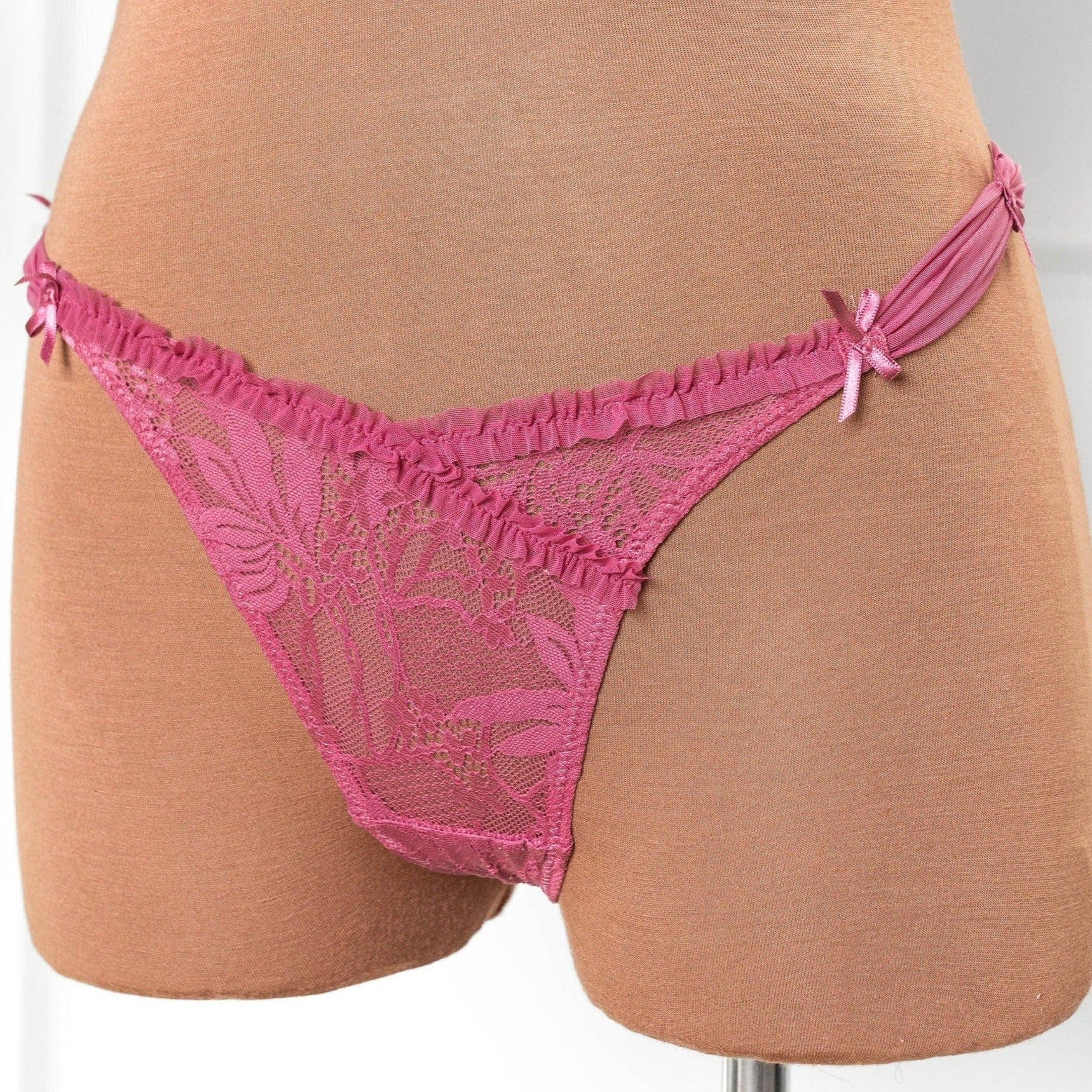 Lace & Mesh Rouched Thong - Mauve by Mentionables