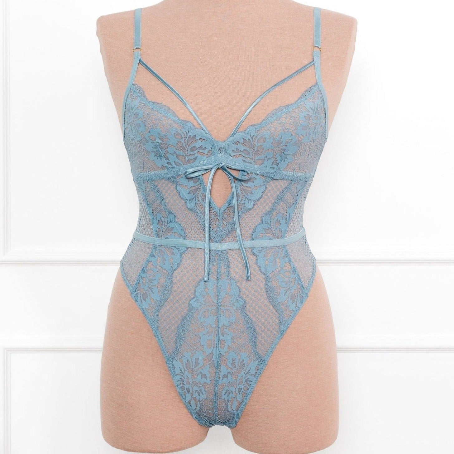 Lacy Caged Crotchless Teddy - Frost Blue by Mentionables