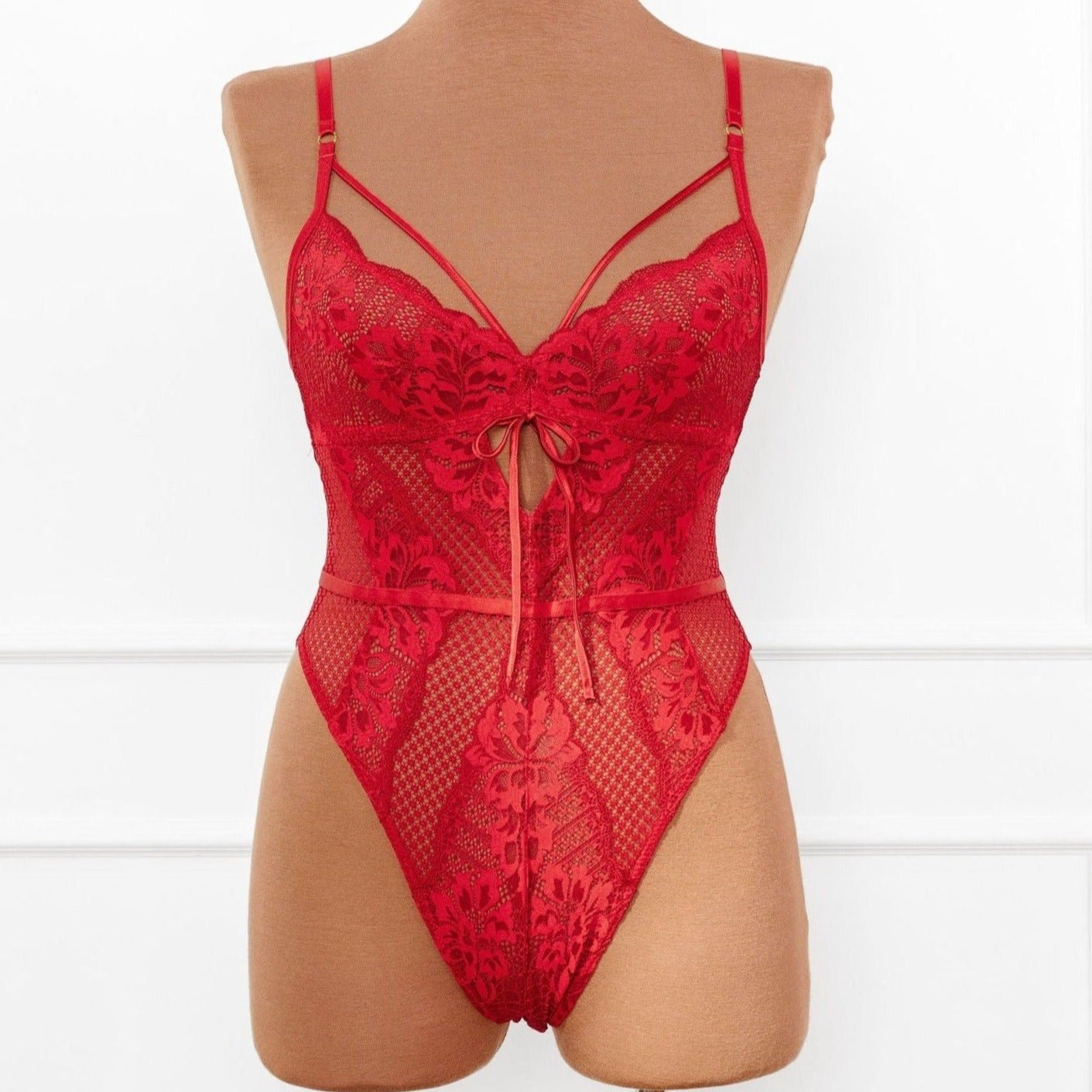 Lacy Caged Crotchless Teddy - Red by Mentionables
