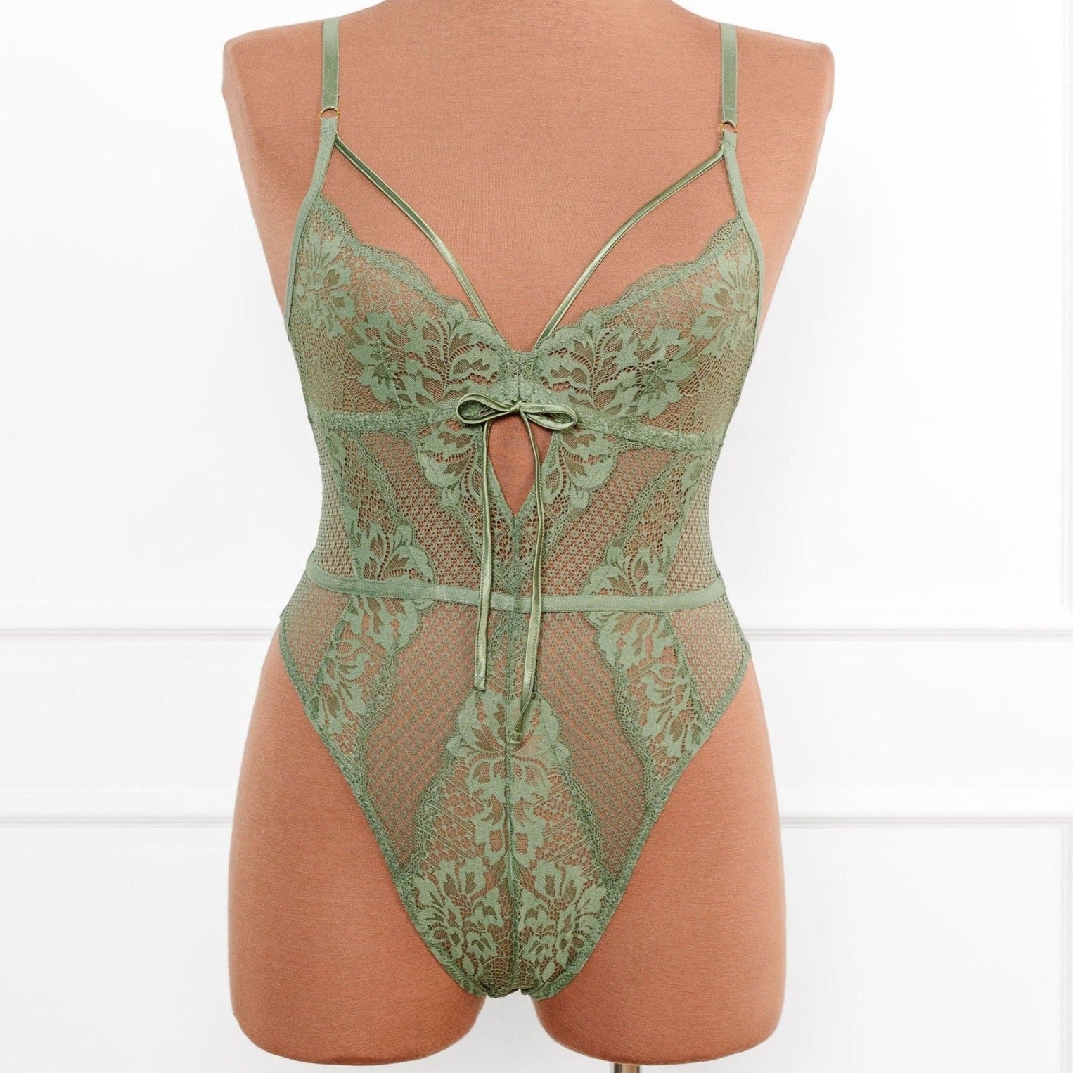 Lacy Caged Crotchless Teddy - Sage Green by Mentionables