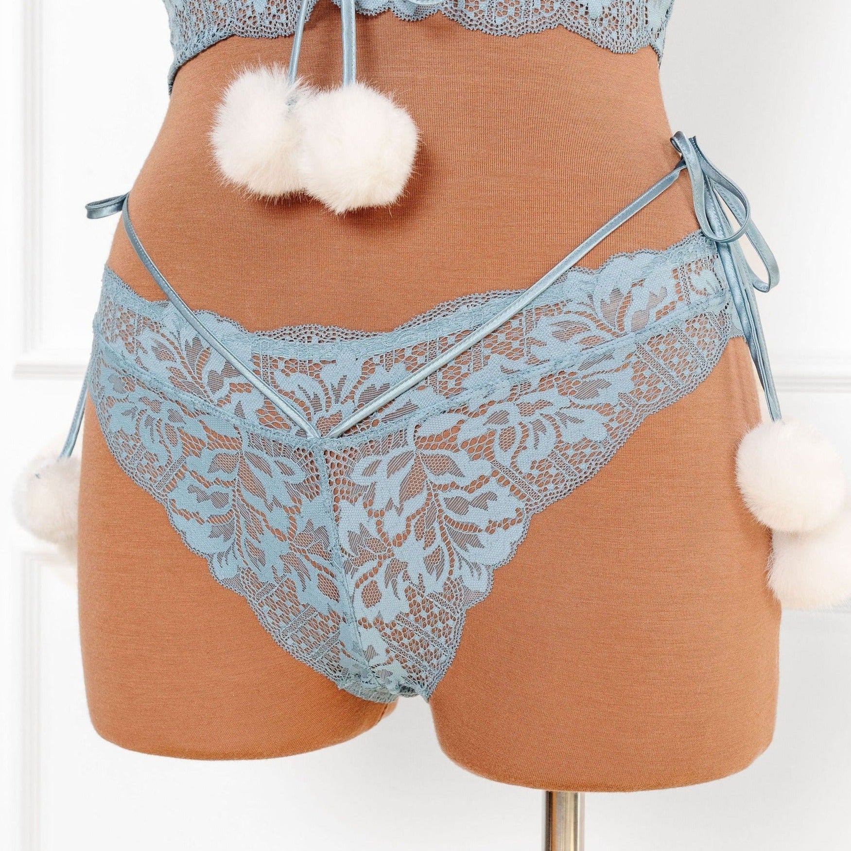 Lacy Crotchless Pom Pom Panty - Frost Blue by Mentionables