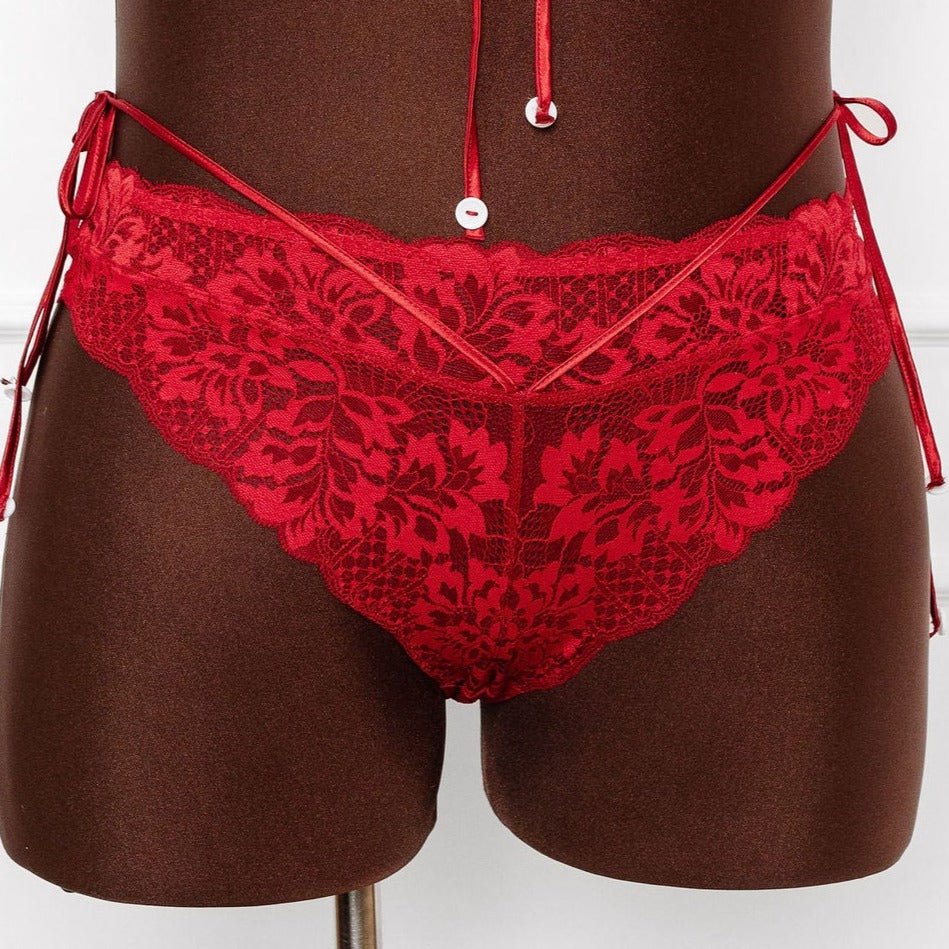 Lacy Crotchless Pom Pom Panty - Red by Mentionables