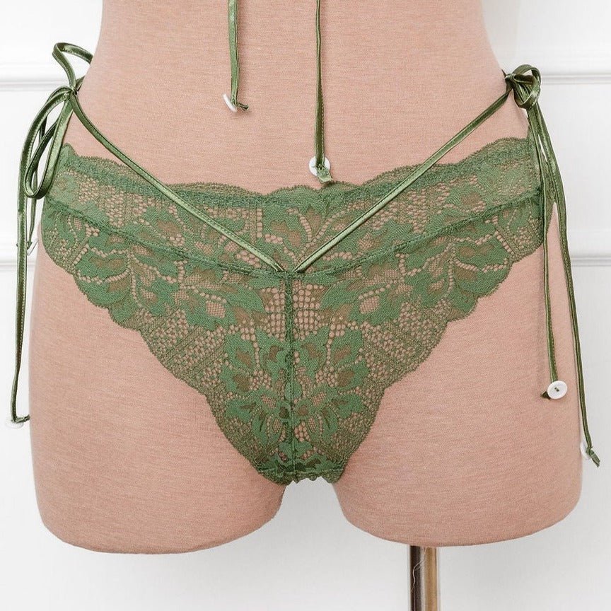 Lacy Crotchless Pom Pom Panty - Sage Green by Mentionables