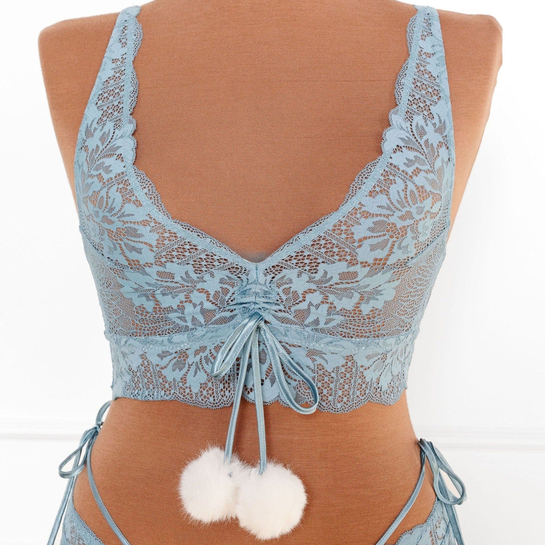 Lacy Plunge Pom Pom Bralette - Frost Blue by Mentionables