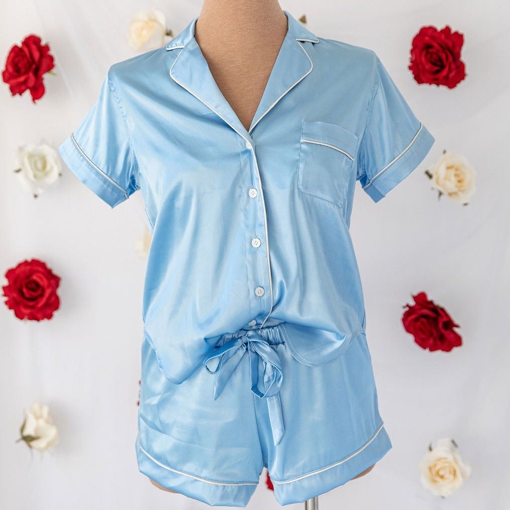 Image of Satin Pajama Shorts - Blue  