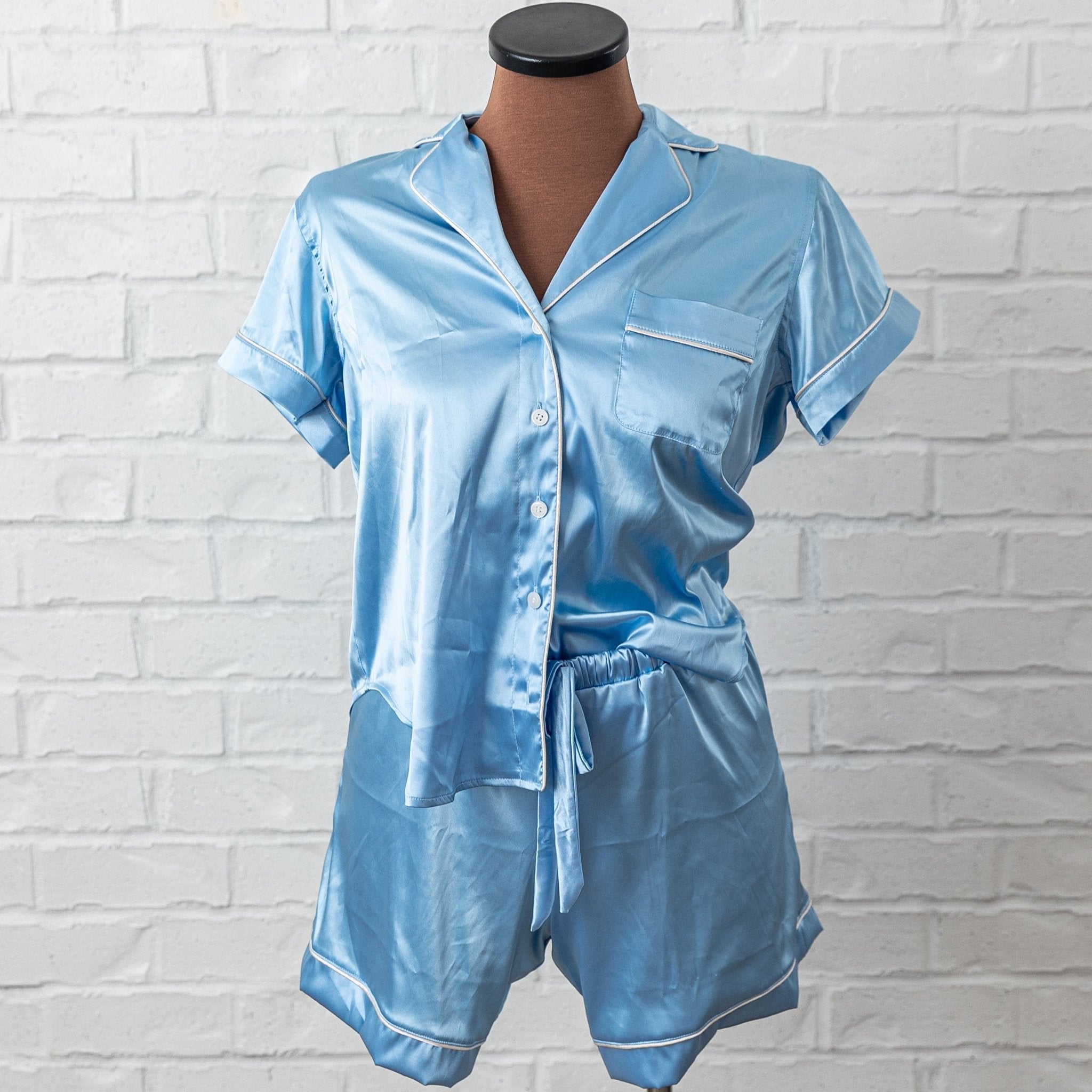 Image of Satin Pajama Shorts (Long) - Blue