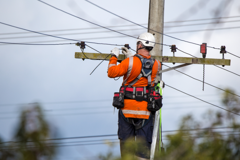 Utility company professional working on power line