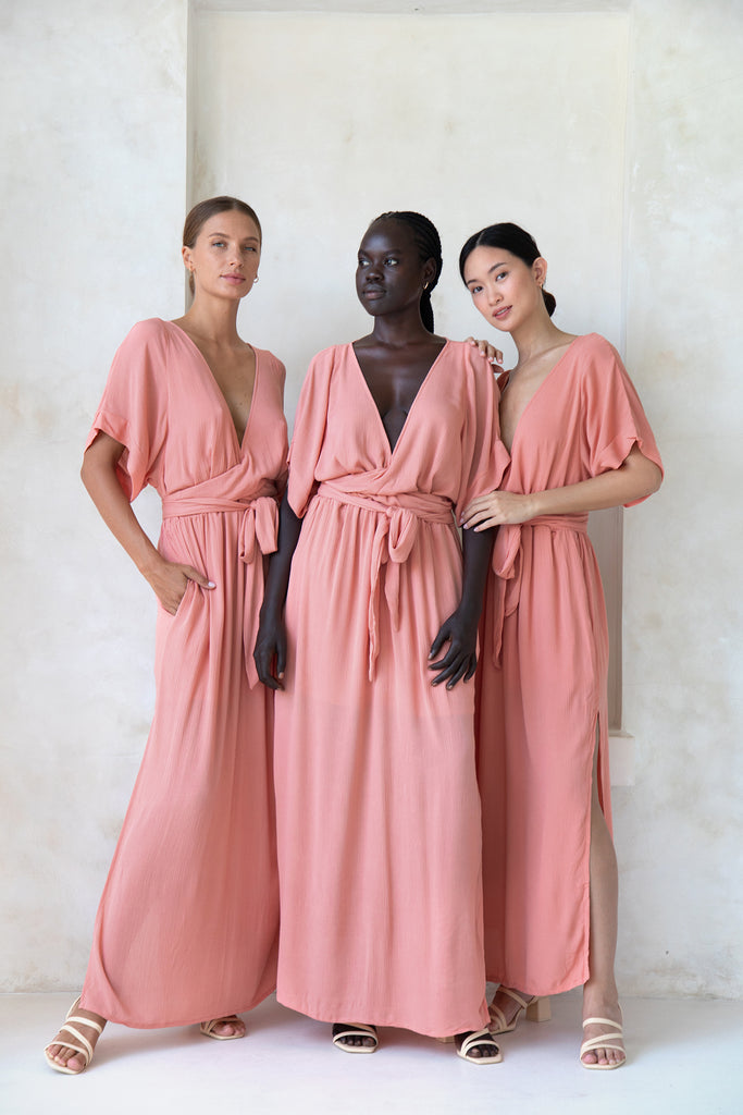 Three bridesmaids wearing Melody Maxi Dress in Dusty Rose