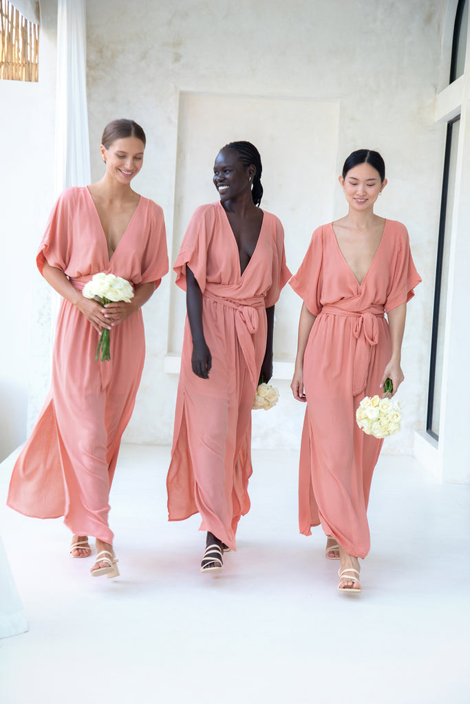 Three bridesmaids wearing Melody Maxi Dress in Dusty Rose