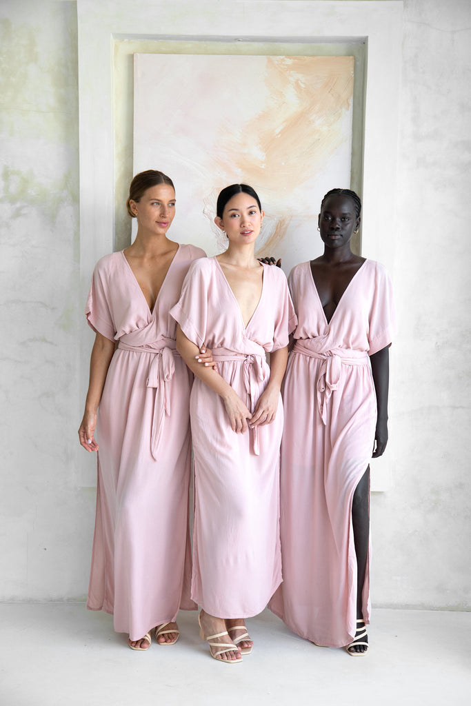 Three bridesmaids wearing Melody Maxi Dress in Blush