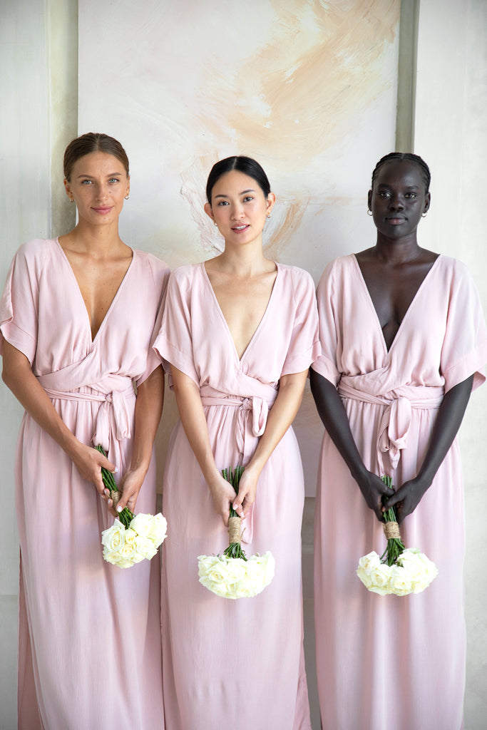 Three bridesmaids wearing Melody Maxi Dress in Blush