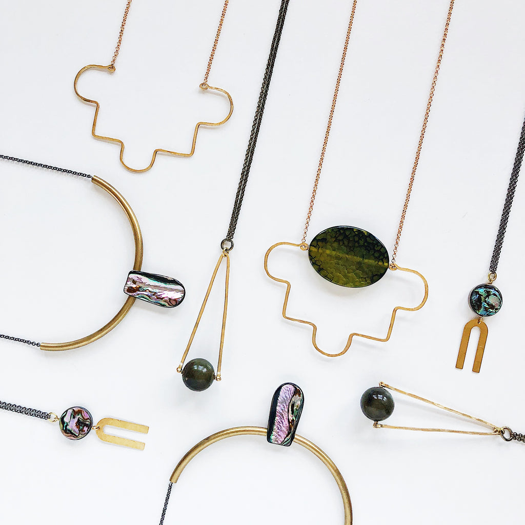 Geometric jewelry from Third & Co. Studio for Nestology Shop in Grand Rapids Michigan, brass geometric jewelry with abalone, agate, and labradorite