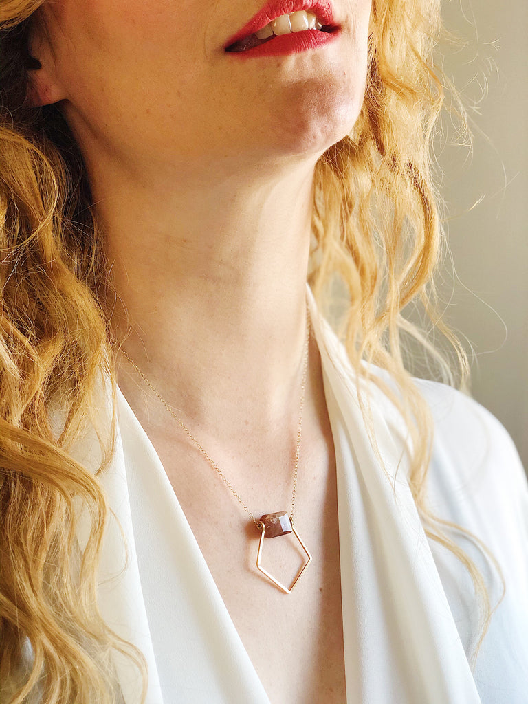 Third & Co. Studio 14k gold fill geometric necklace and faceted sunstone handmade necklace, made in Michigan