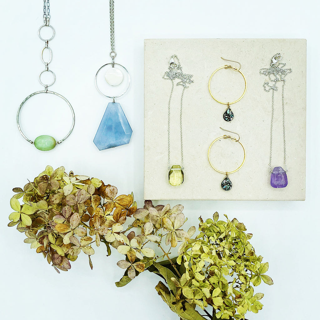 Third & Co. Studio small batch semiprecious stone jewelry collection, made in Michigan, handmade necklace, chalcedony, abalone, amethyst and lemon topaz necklaces available for wholesale on Faire