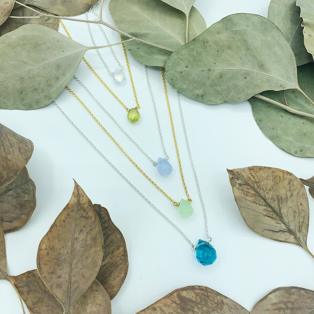 Faceted teardrop necklaces in semiprecious stone and fine chain; quartz, garnet, and opalite with sterling silver or vermeil chain, handmade in Michigan by woman owned and operated small business