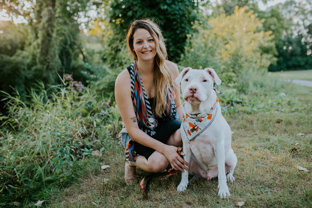 Third and co Studio handmade semiprecious stone jewelry; donates proceeds from each purchase to organizations involved in the rescue, rehabilitation and rehoming of pets in need, pictured with Hurley the retired therapy dog and a deaf rescued American Pit Bull Terrier