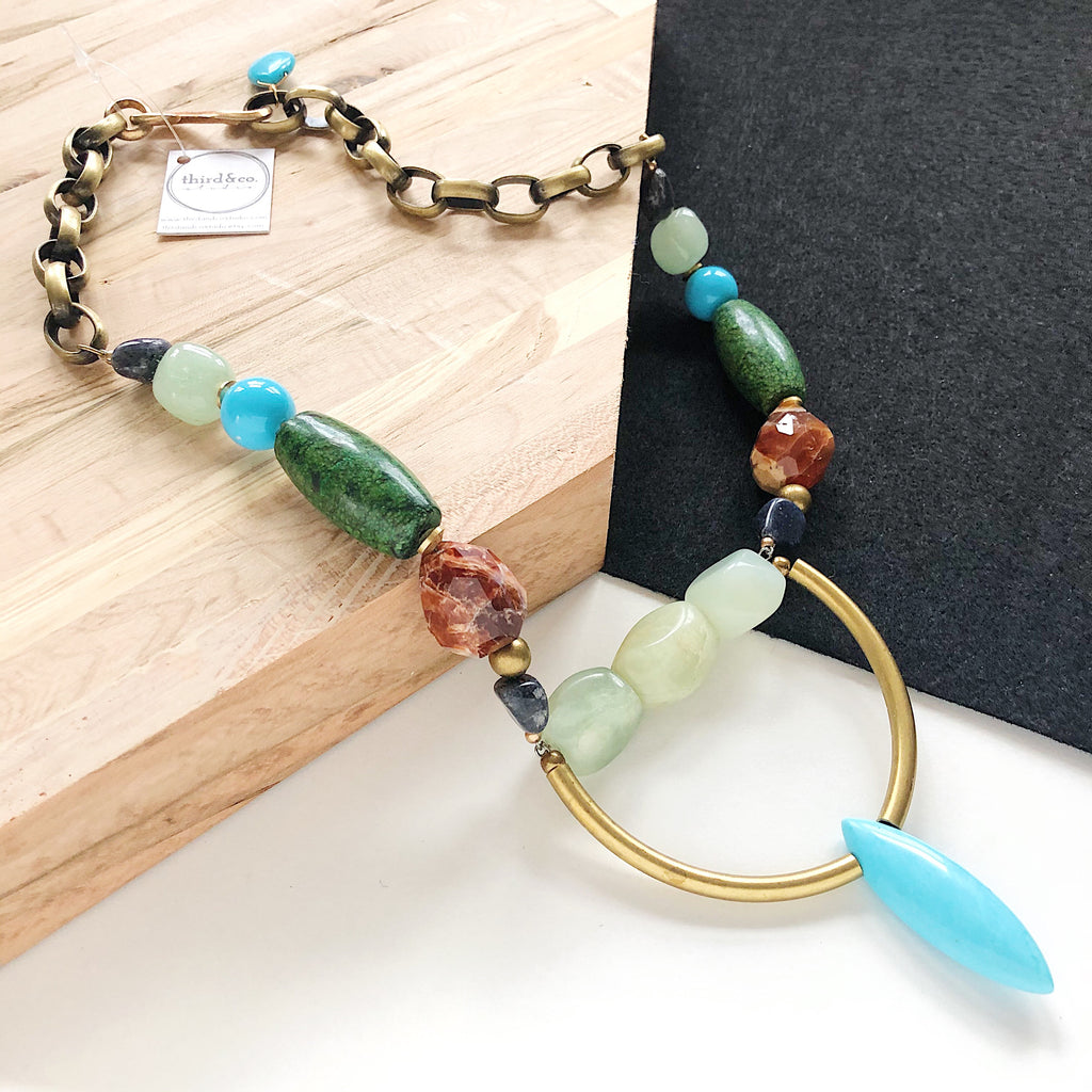 Semiprecious stone statement necklace by Third & Co. Studio handmade in Michigan with green Prehnite, blue green Turquoise, brown Brandy Opal, navy Labradorite, brass accents and vintage chunky chain adjustable length