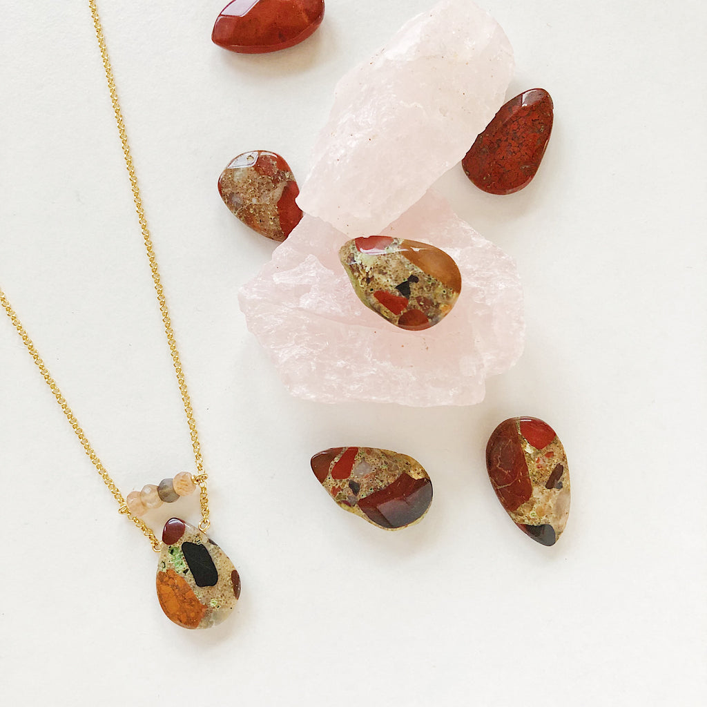 Spotted Chalcedony necklace by Third & Co. Studio in black, red orange, tan, gray and green with faceted peach moonstone on vermeil chain
