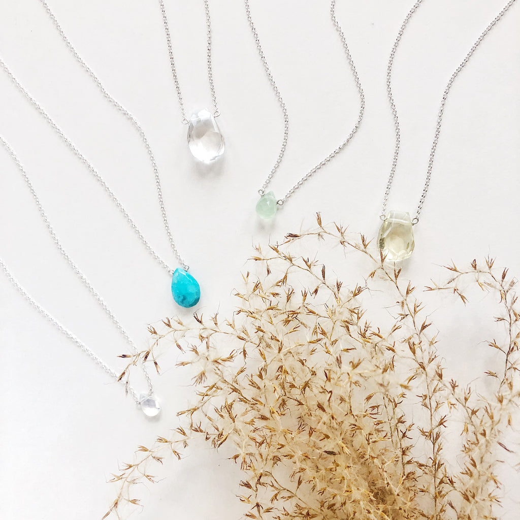 Faceted teardrop sleeping beauty turquoise, pineapple quartz, clear quartz, opaline and green chalcedony necklaces on sterling silver fine chain, handmade semiprecious stone jewelry