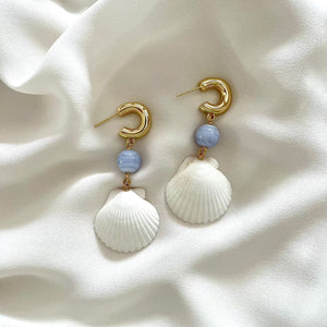 OOAK - White Shells, Chalcedony and Gold Huggie C-Shape Hoop Earrings - Third & Co. Studio