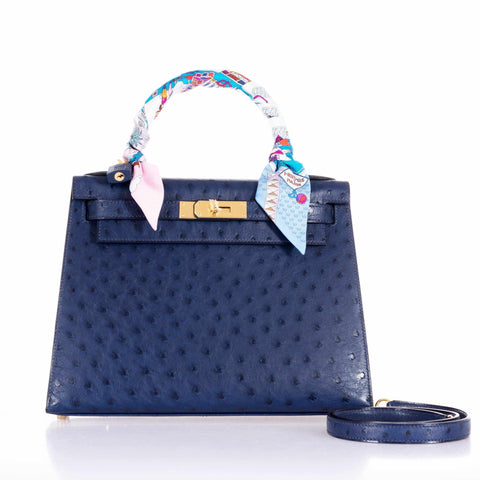 Hermes Kelly 28 Sellier Bag Ostrich Blue Iris Gold Hardware at