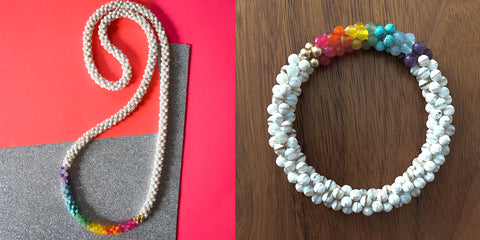 Bracelet and Necklace With White Tibetan Agate and a Bright Rainbow