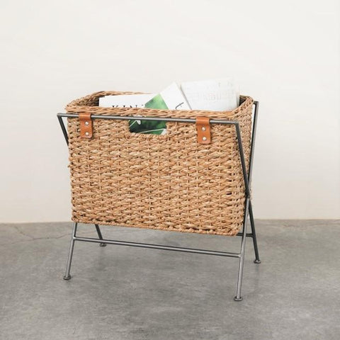 Woven Magazine Basket With Leather & Metal 
