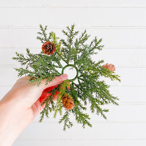Arborvitae and Pine Cone Taper Candle Ring