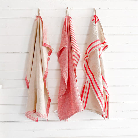 Linen Dish Towel in Red and Natural