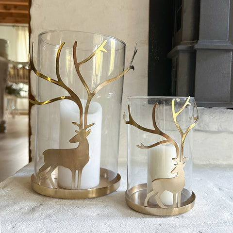 Gold Reindeer Glass Hurricane 2 Sizes