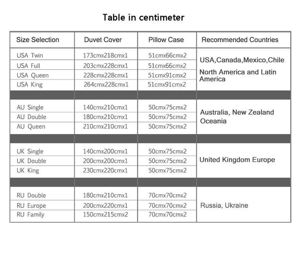 2 Bed size charts (inches and cm)