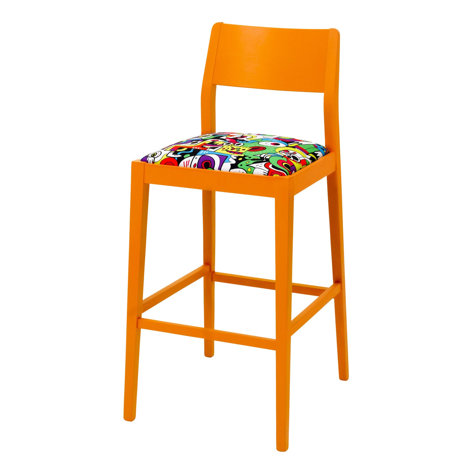 james luxury bar stool upholstered in jon burgerman orange burst frooty  tooty