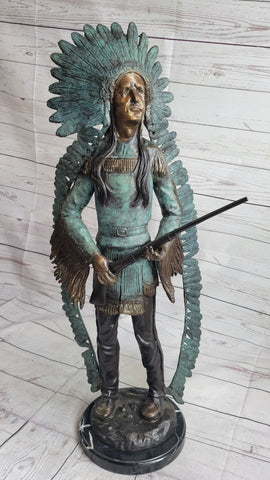 Native American Indian Warrior w/ Rifle Bronze Statue Sculpture Western Decor