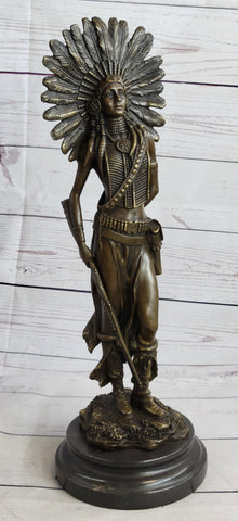 Female Native American Indian Warrior in Feathered Headdress Bronze Statue Sculpture Figure