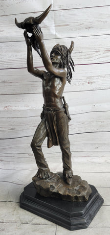 Native American Indian Shaman Medicine Man Holding Bison Skull Bronze Statue Sculpture 23" X 11"